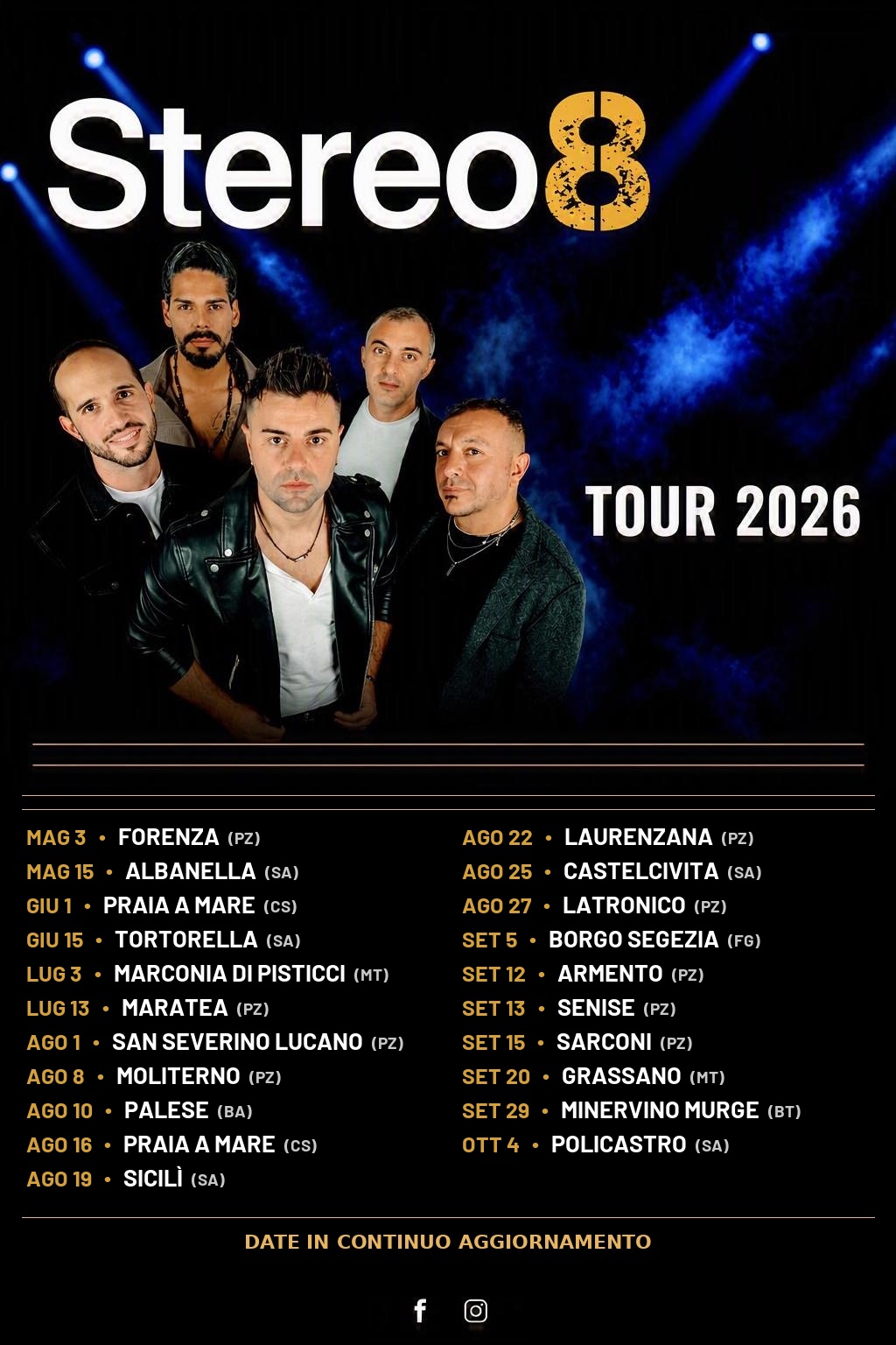 Locandina ufficiale del Tour 2026 di Stereo8 con tutte le date