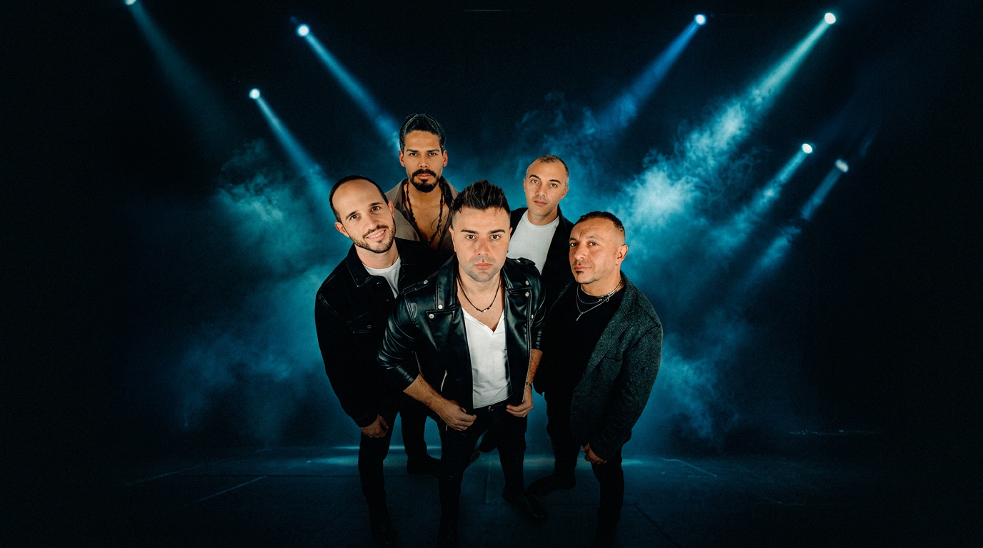 I cinque membri della band Stereo8 sotto le luci blu del palco